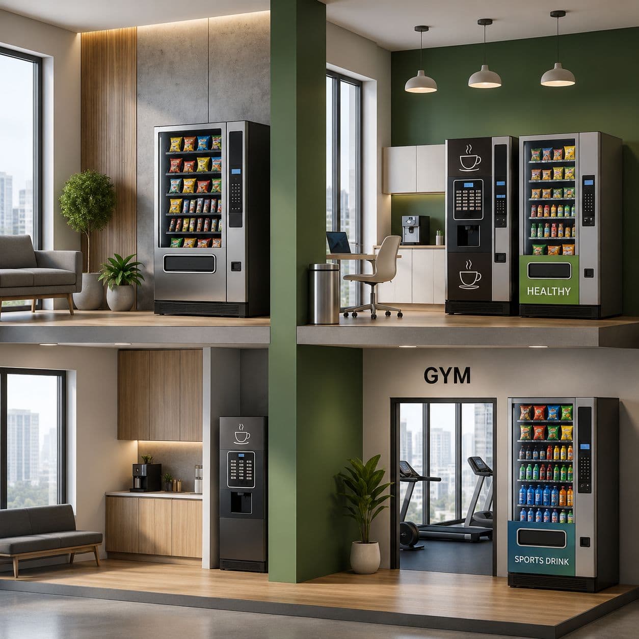 Máquinas de vending instaladas en distintos espacios: oficina, gimnasio y zonas comunes