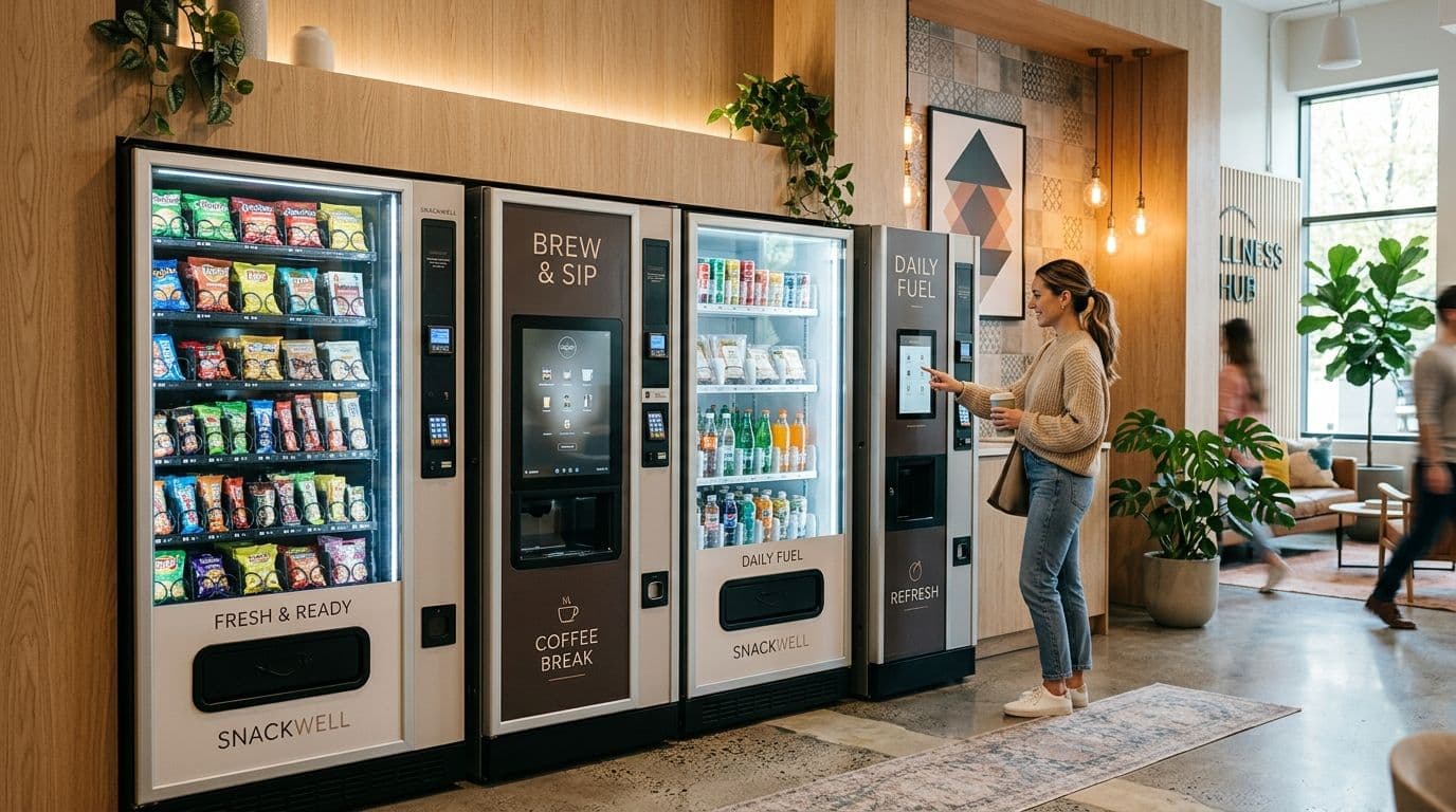 Máquinas de vending modernas en un espacio común luminoso